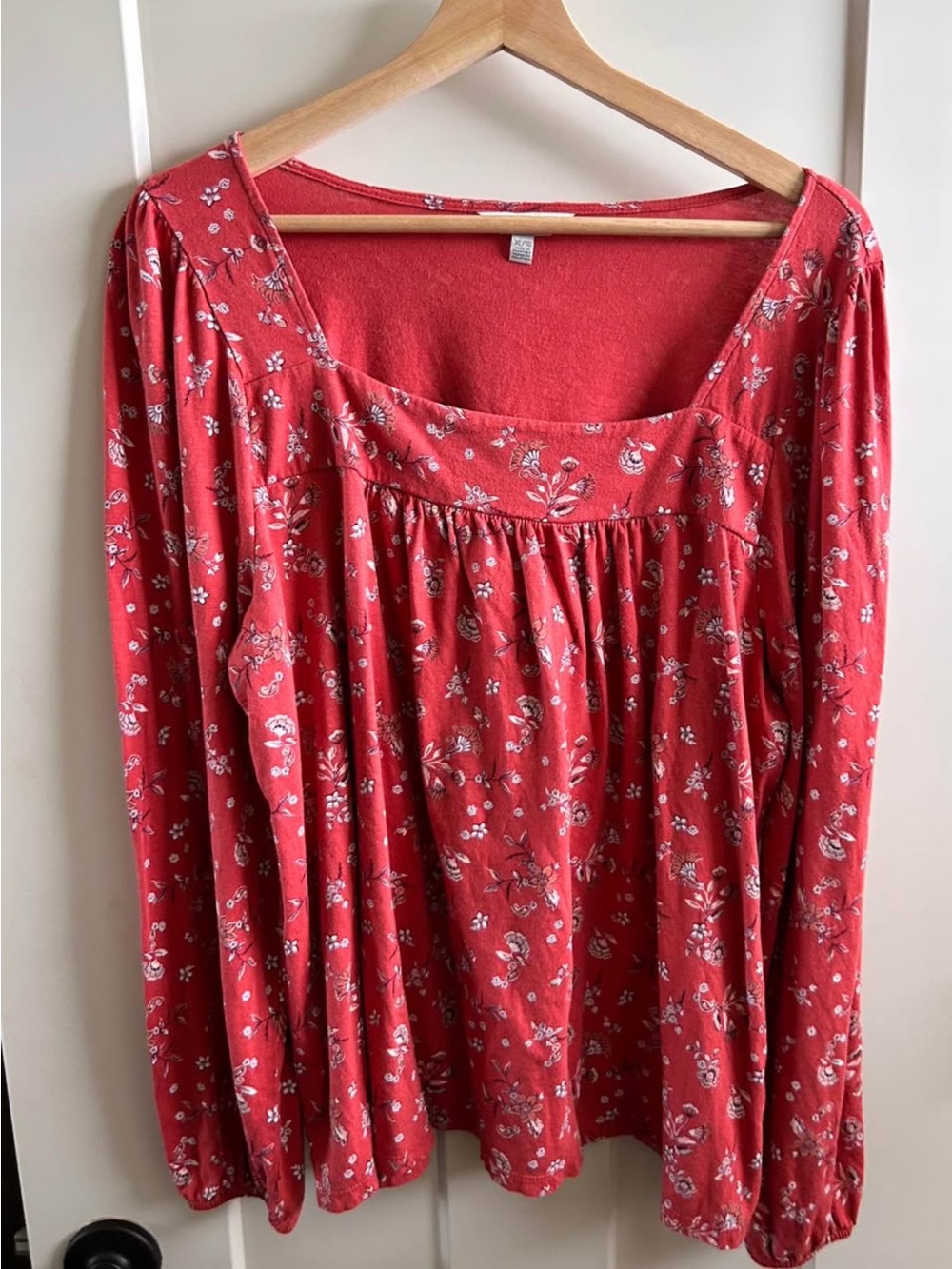 Lucky Brand Red Floral Long-Sleeve Square-Neck Blouse